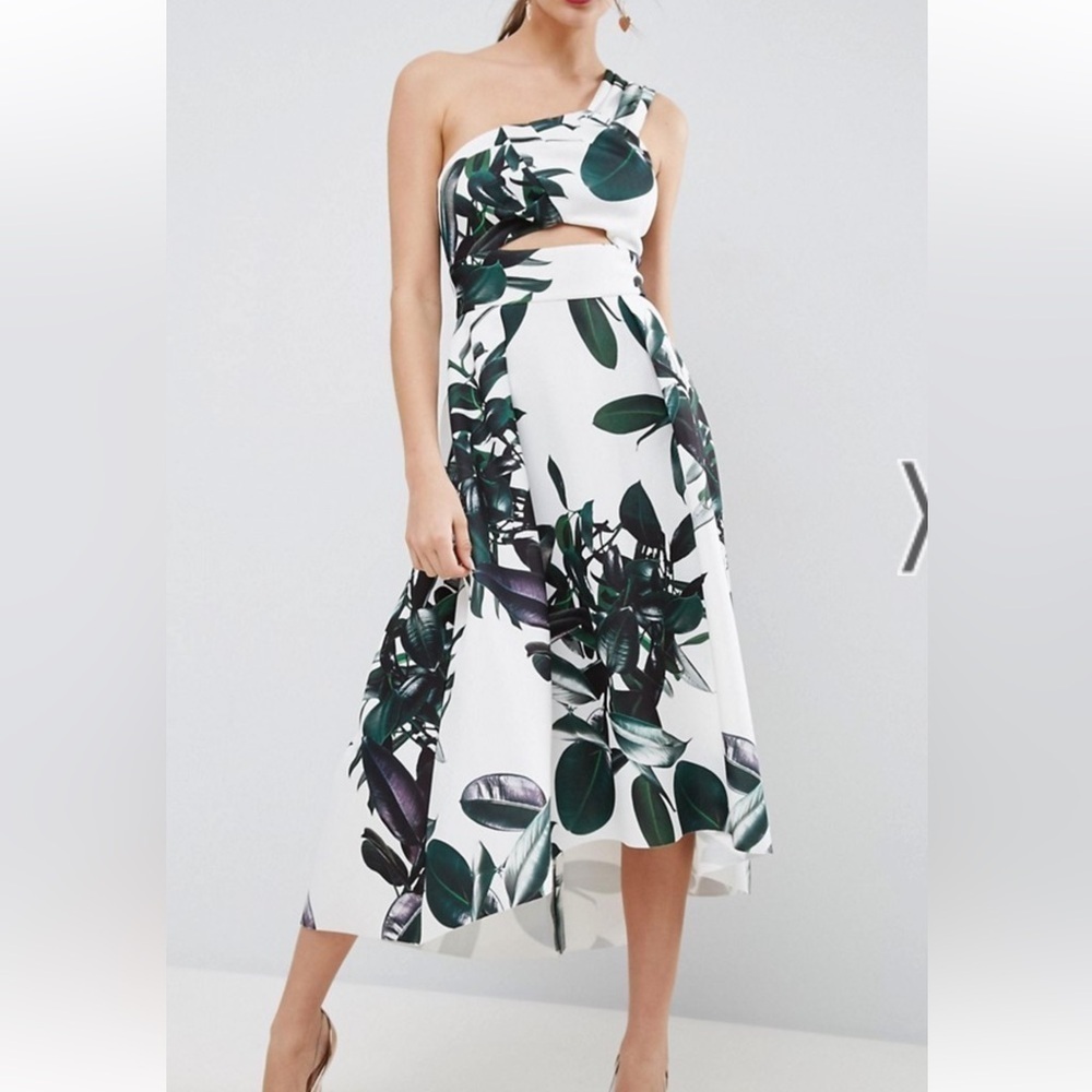 ASOS Palm Print One Shoulder Scuba Dip Back Prom Dress Size 2. K2